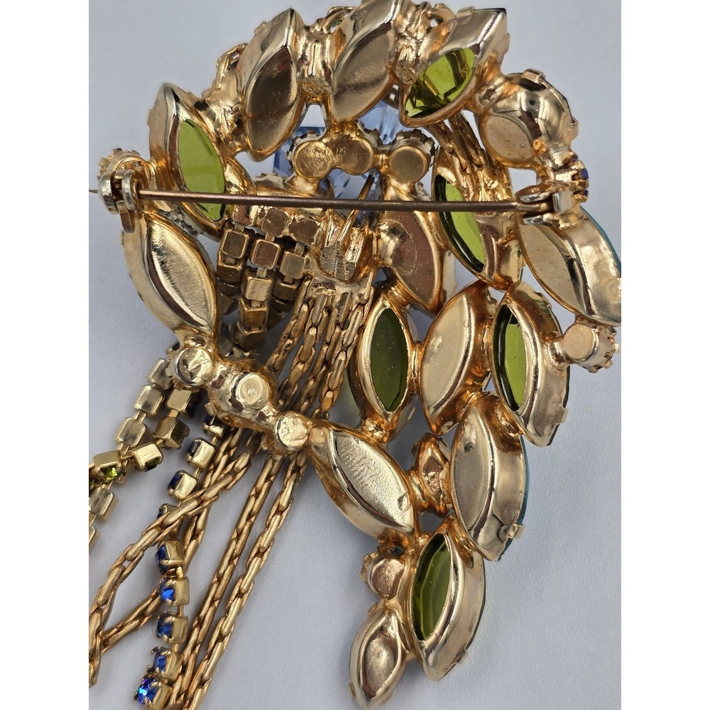 Vintage Mid-Century Blue‎ & Olive Green Rhinestone Cascade Brooch Pin 3" - Picture 10 of 12